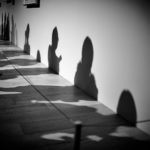 Shadows cast on a wall in a hallway.